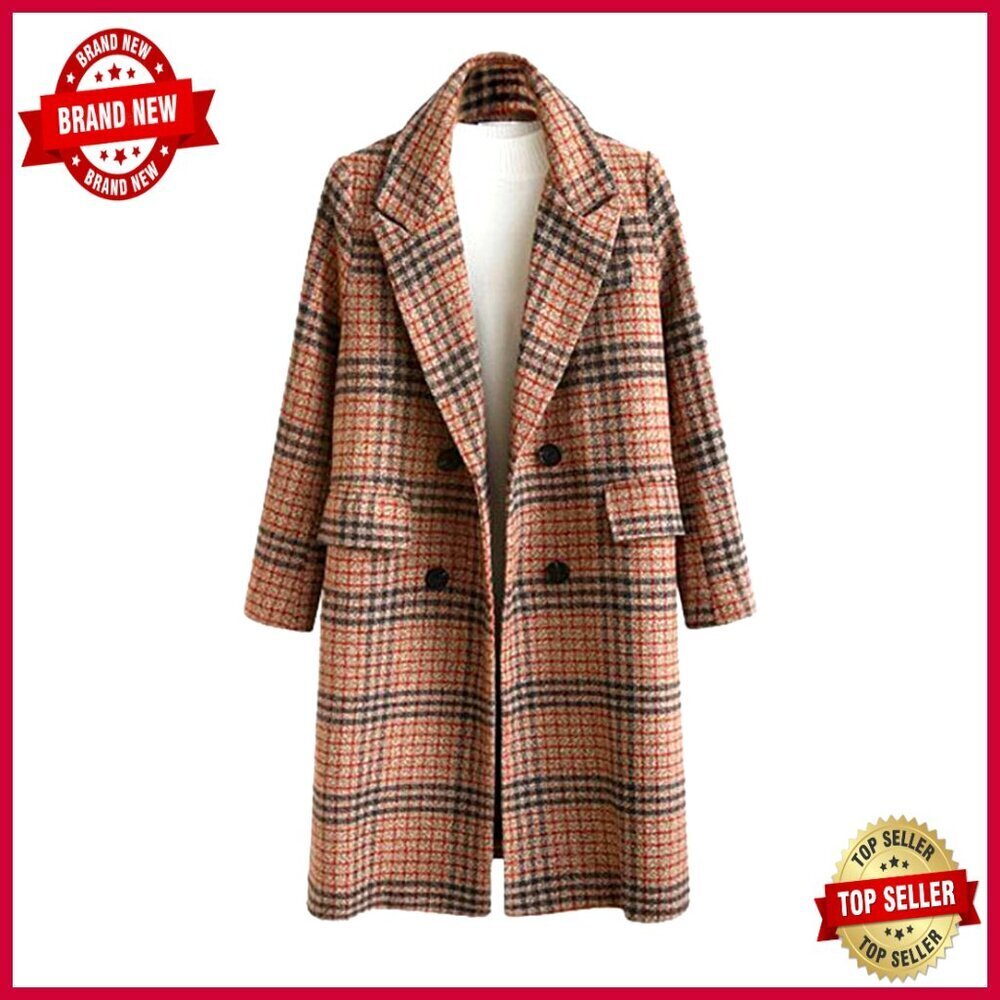 Oversize Lapel Wool Plaid Double Breasted Long Peacoat Jacket Winter Coat